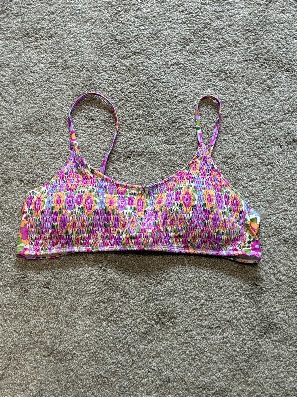 Smocked Floral Bikini Top in Pink and Yellow